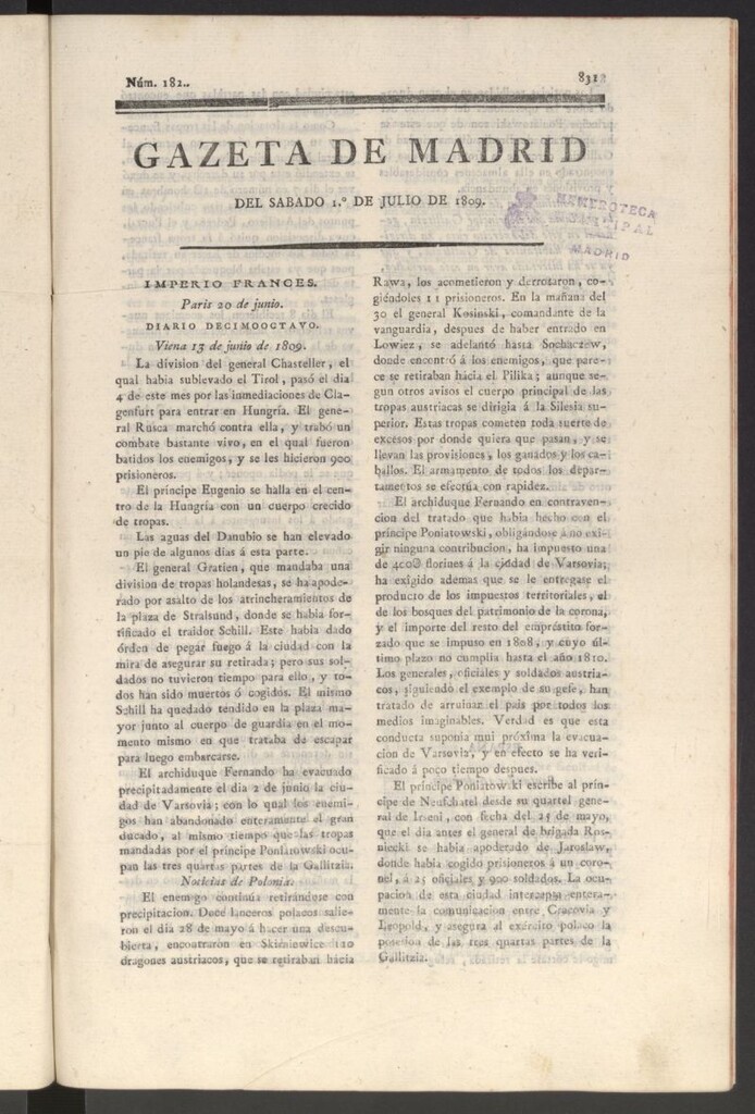 Miniatura de Gazeta de Madrid del 1 de julio de 1809