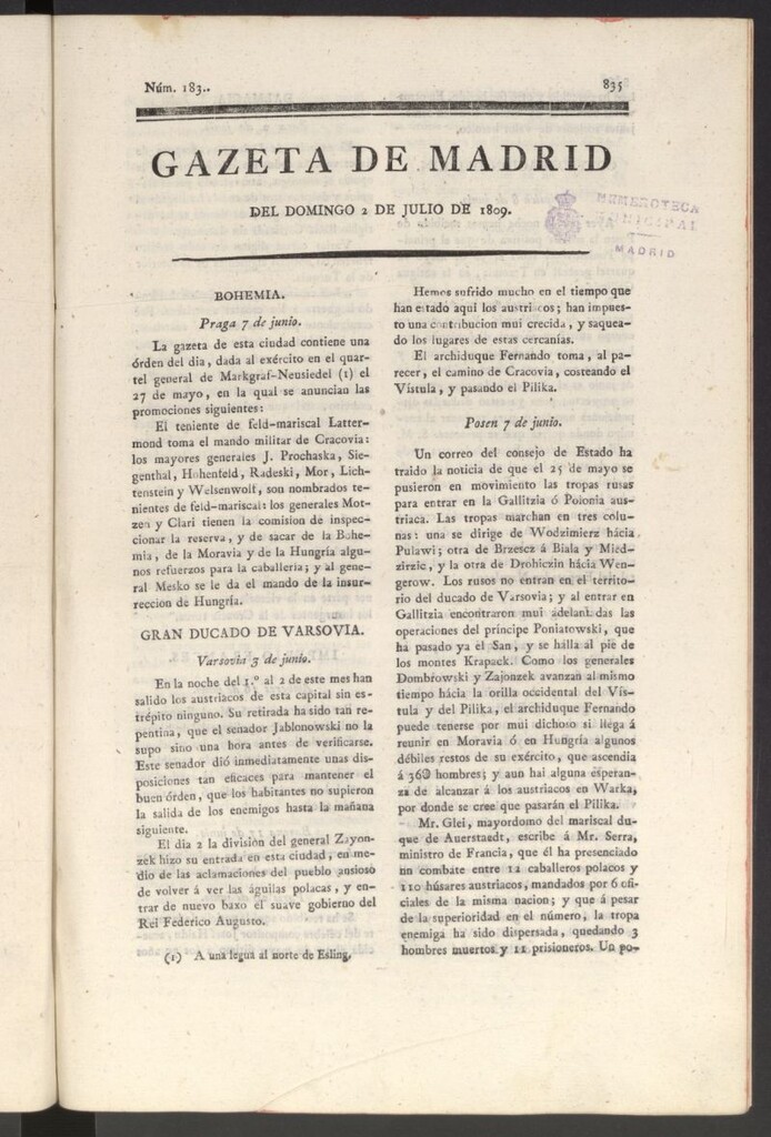 Miniatura de Gazeta de Madrid del 2 de julio de 1809