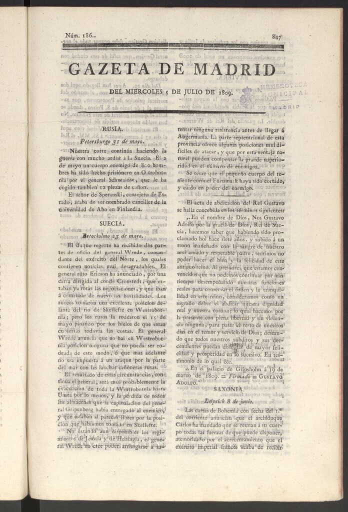 Miniatura de Gazeta de Madrid del 5 de julio de 1809