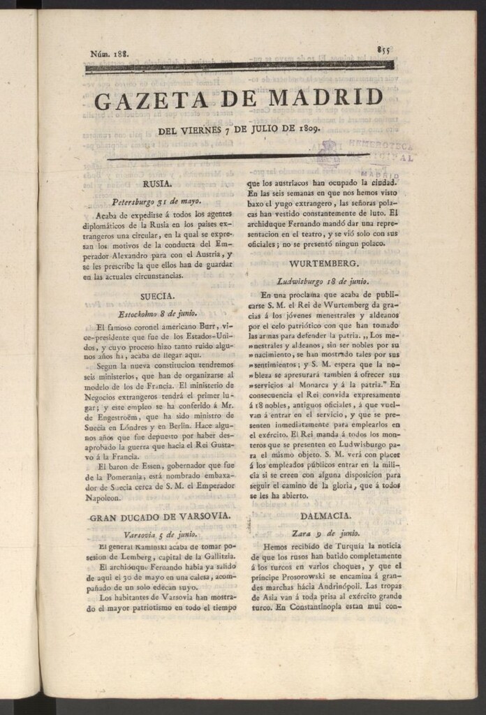 Miniatura de Gazeta de Madrid del 7 de julio de 1809
