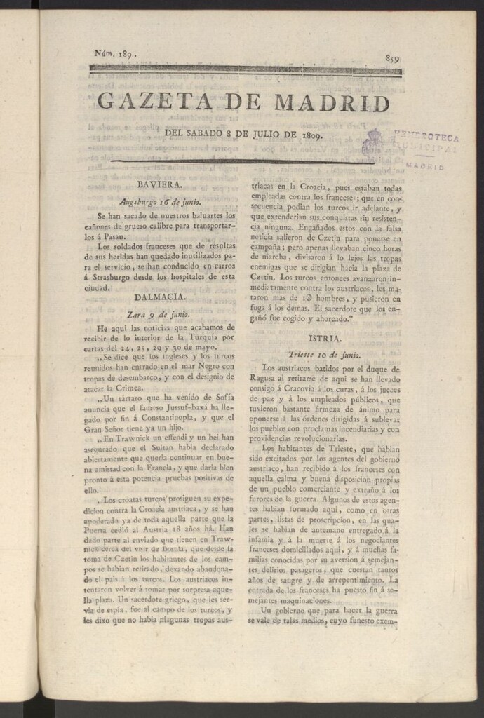 Miniatura de Gazeta de Madrid del 8 de julio de 1809