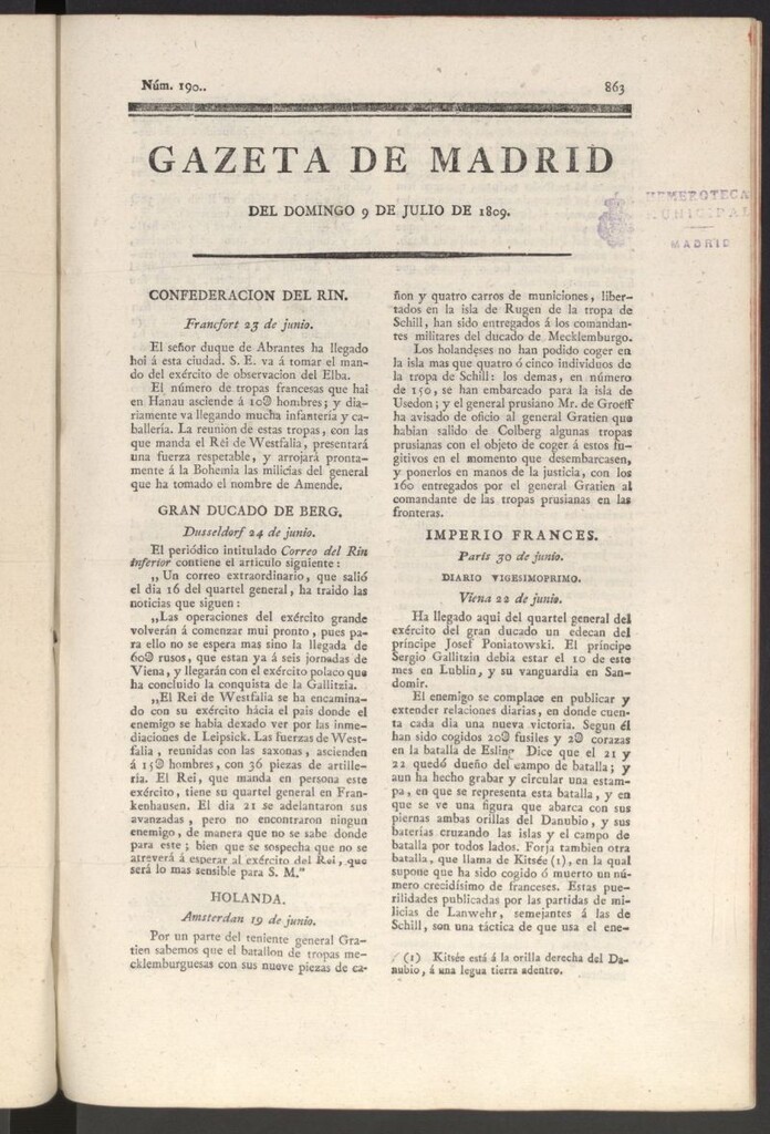Miniatura de Gazeta de Madrid del 9 de julio de 1809