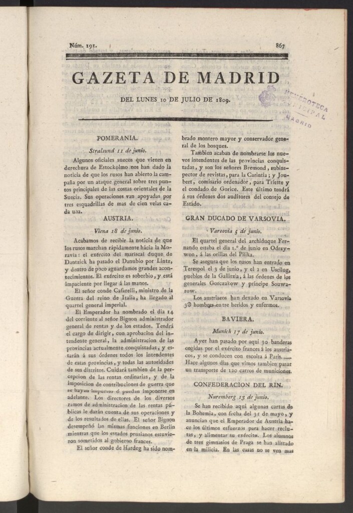 Miniatura de Gazeta de Madrid del 10 de julio de 1809