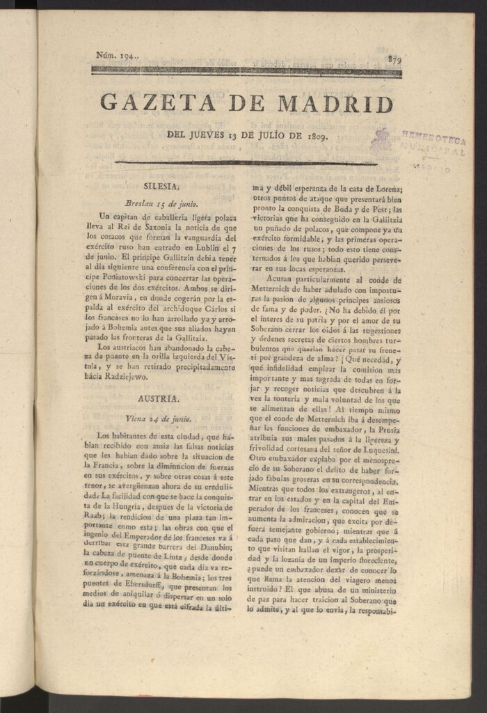 Miniatura de Gazeta de Madrid del 13 de julio de 1809