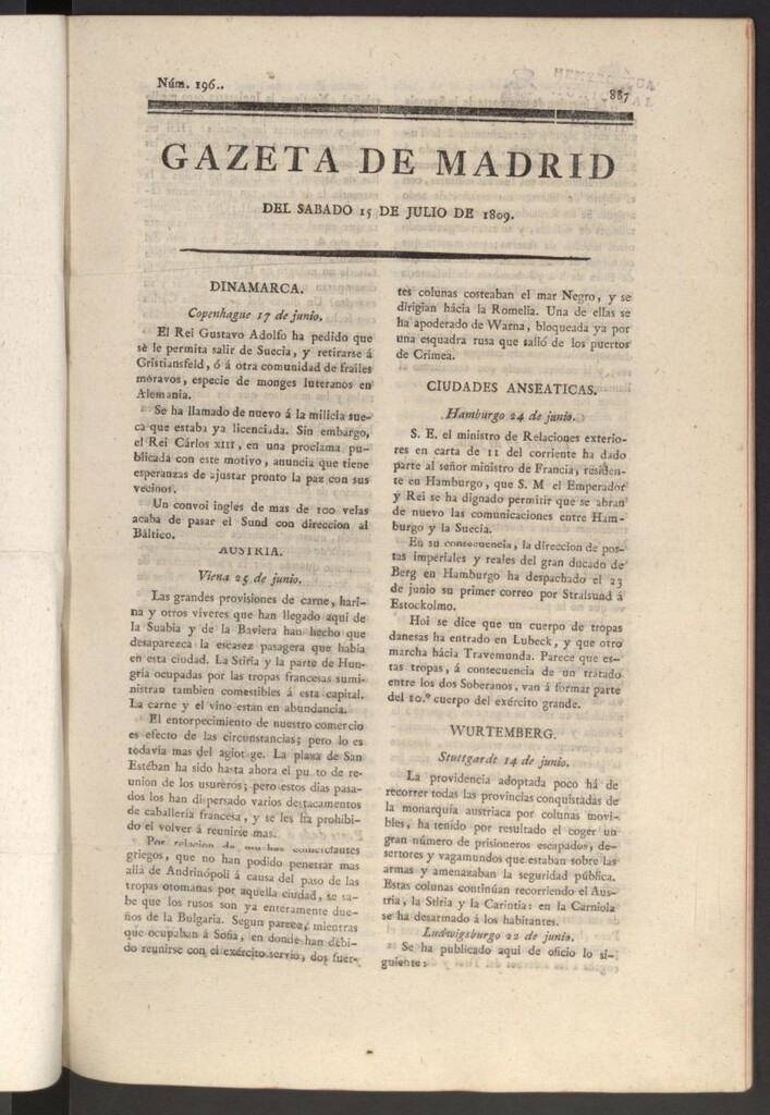 Miniatura de Gazeta de Madrid del 15 de julio de 1809