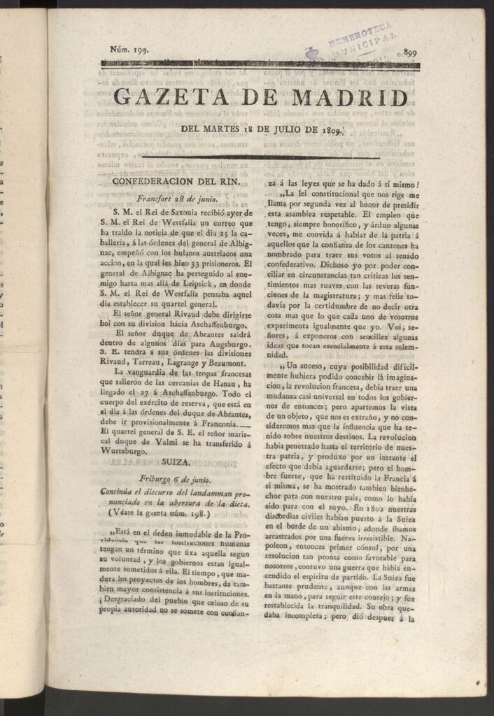 Miniatura de Gazeta de Madrid del 18 de julio de 1809