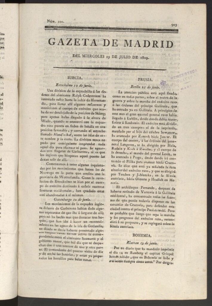 Miniatura de Gazeta de Madrid del 19 de julio de 1809