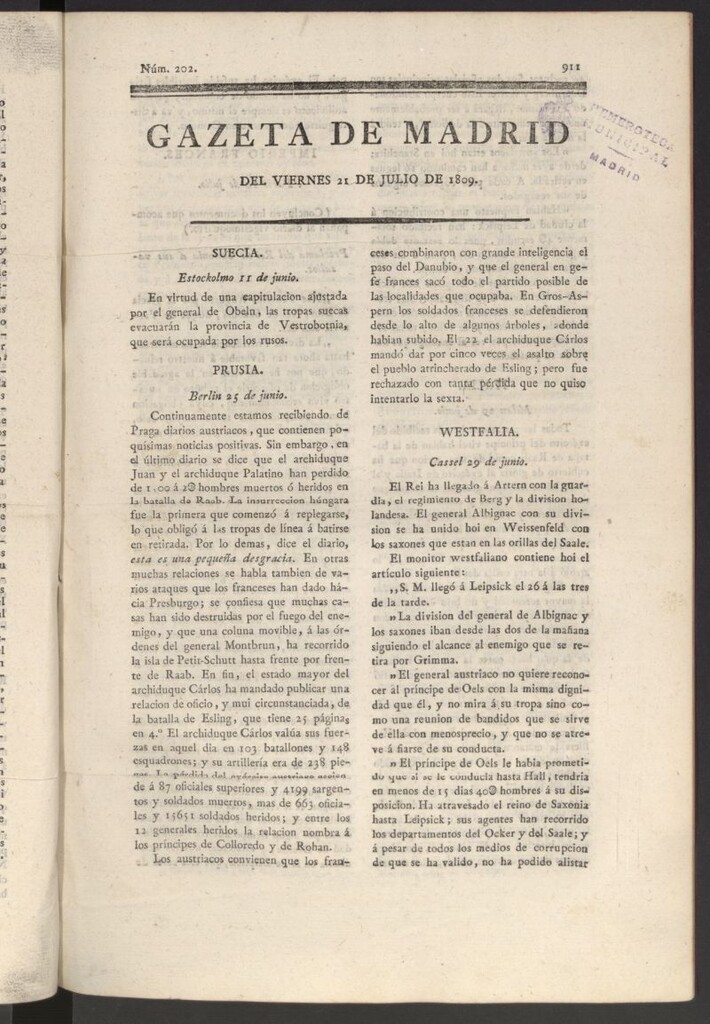 Miniatura de Gazeta de Madrid del 21 de julio de 1809