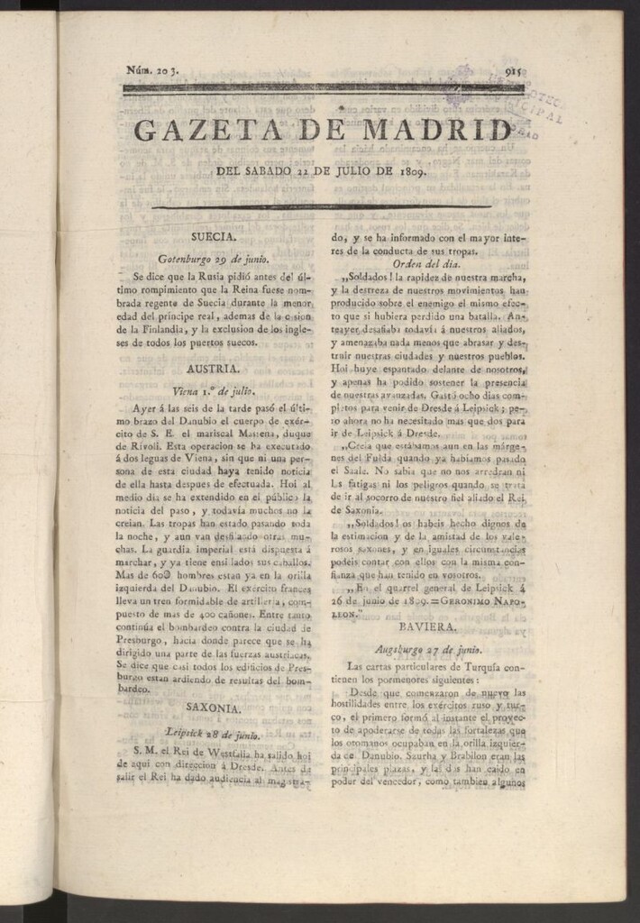 Miniatura de Gazeta de Madrid del 22 de julio de 1809