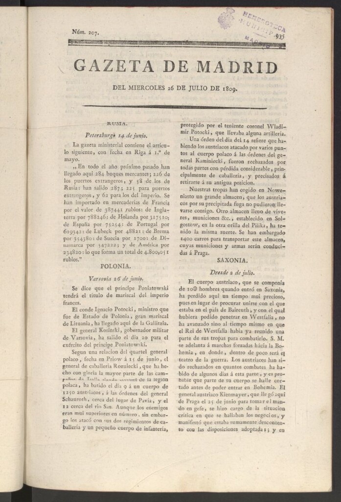 Miniatura de Gazeta de Madrid del 26 de julio de 1809