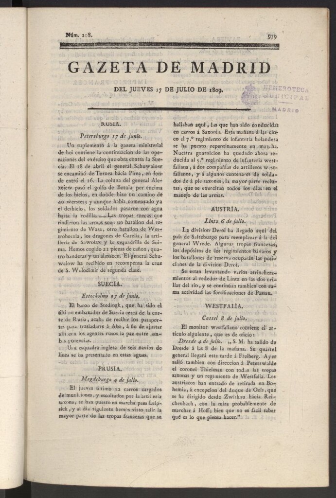 Miniatura de Gazeta de Madrid del 27 de julio de 1809