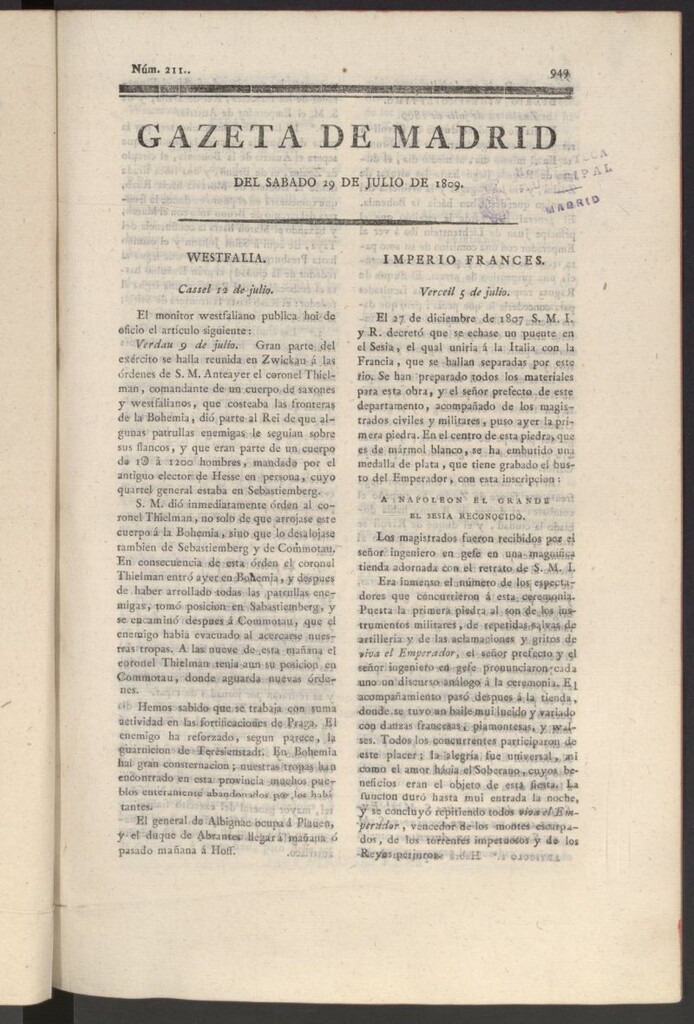 Miniatura de Gazeta de Madrid del 29 de julio de 1809