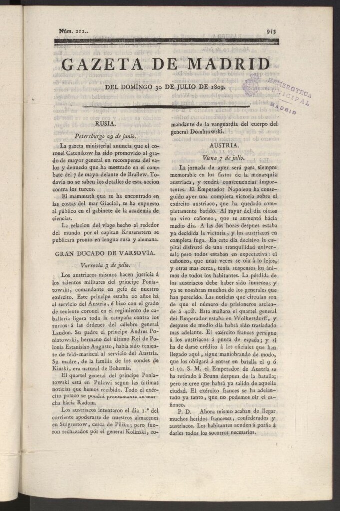 Miniatura de Gazeta de Madrid del 30 de julio de 1809