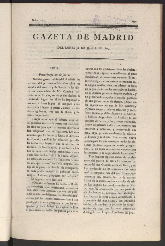 Miniatura de Gazeta de Madrid del 31 de julio de 1809