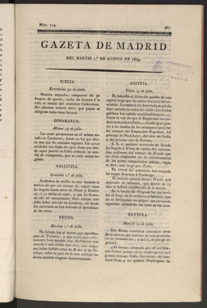 Miniatura de Gazeta de Madrid del 1 de agosto de 1809
