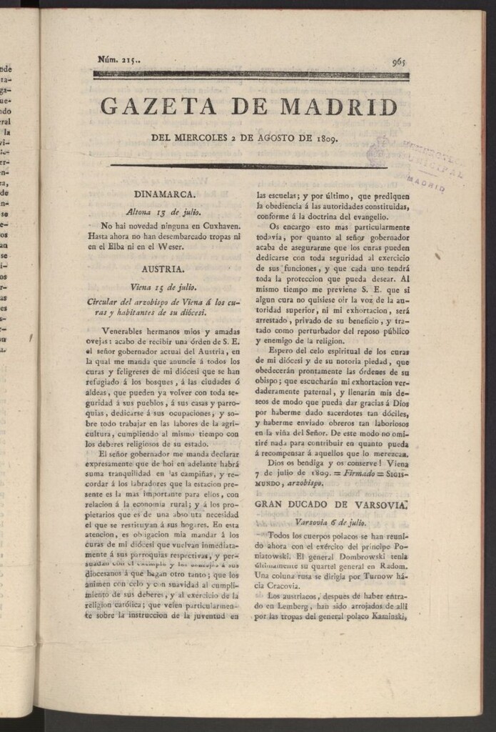 Miniatura de Gazeta de Madrid del 2 de agosto de 1809