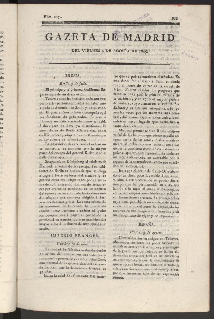 Miniatura de Gazeta de Madrid del 4 de agosto de 1809