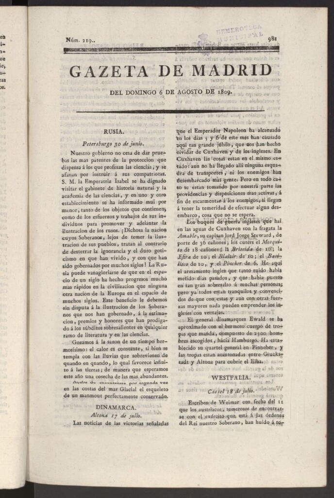 Miniatura de Gazeta de Madrid del 6 de agosto de 1809
