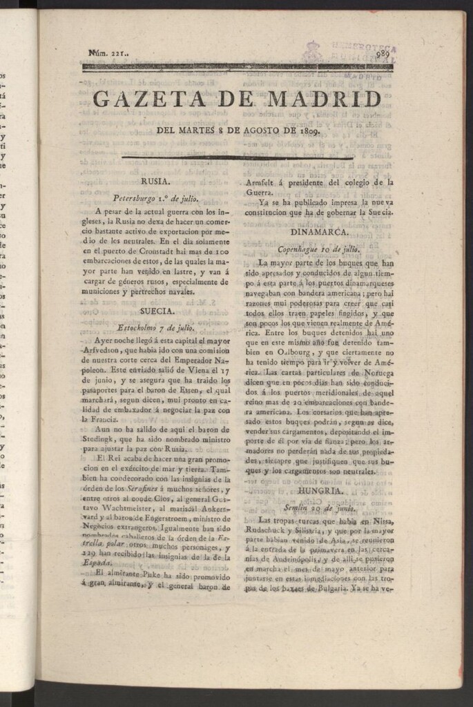 Miniatura de Gazeta de Madrid del 8 de agosto de 1809
