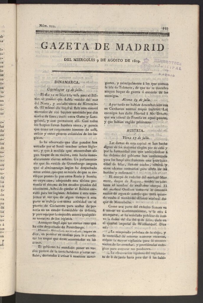 Miniatura de Gazeta de Madrid del 9 de agosto de 1809