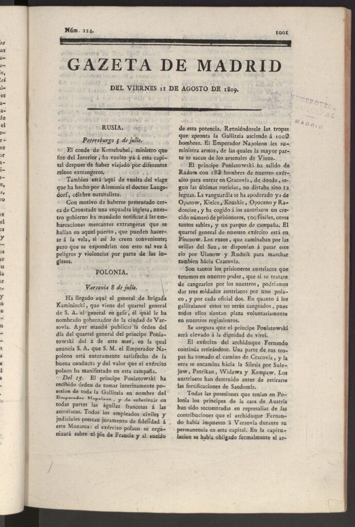 Miniatura de Gazeta de Madrid del 11 de agosto de 1809