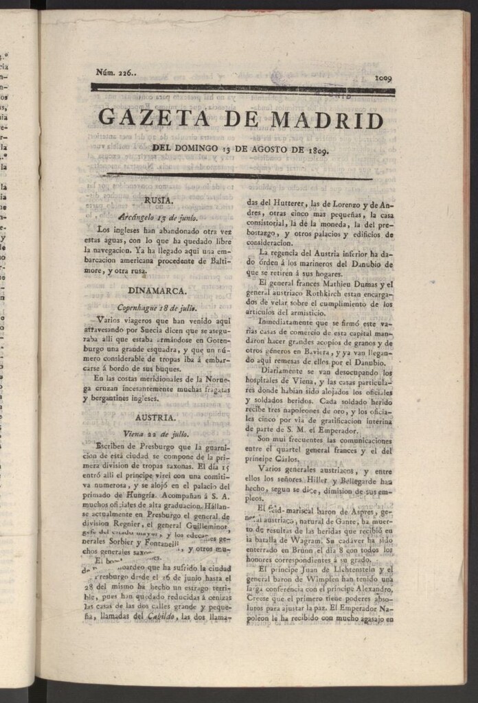 Miniatura de Gazeta de Madrid del 13 de agosto de 1809