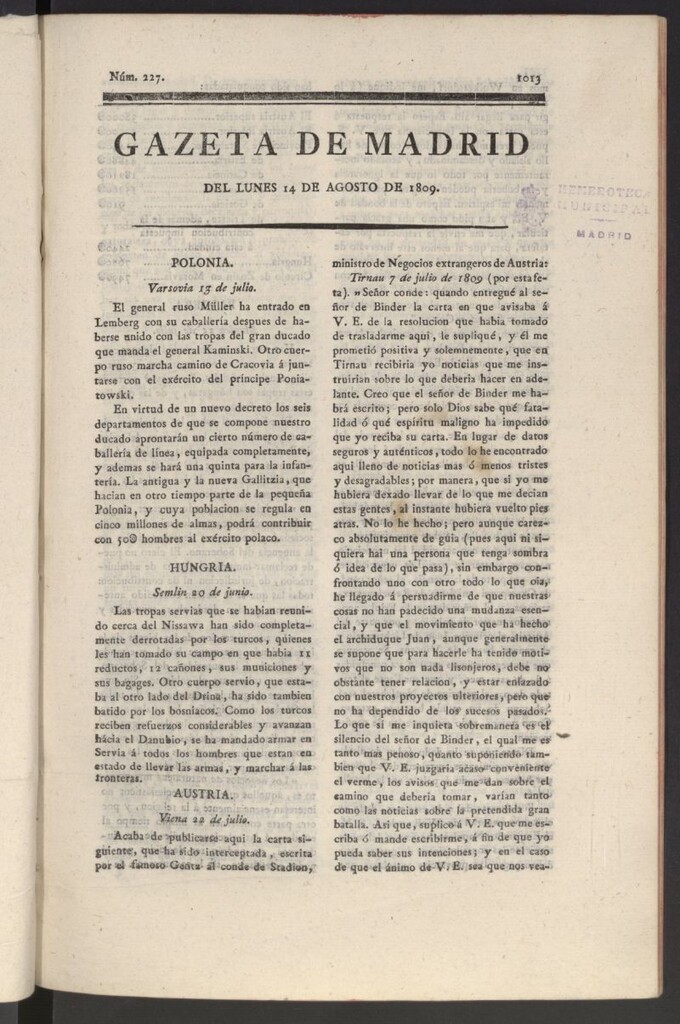 Miniatura de Gazeta de Madrid del 14 de agosto de 1809