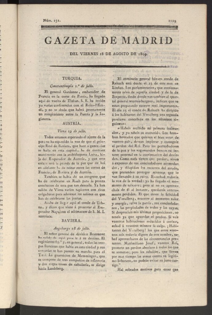 Miniatura de Gazeta de Madrid del 18 de agosto de 1809