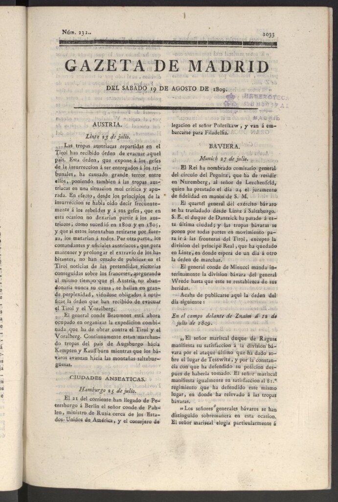Miniatura de Gazeta de Madrid del 19 de agosto de 1809