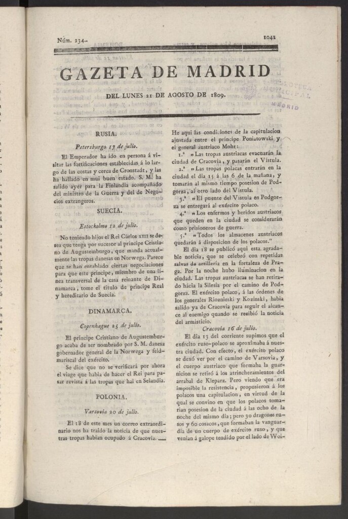Miniatura de Gazeta de Madrid del 21 de agosto de 1809