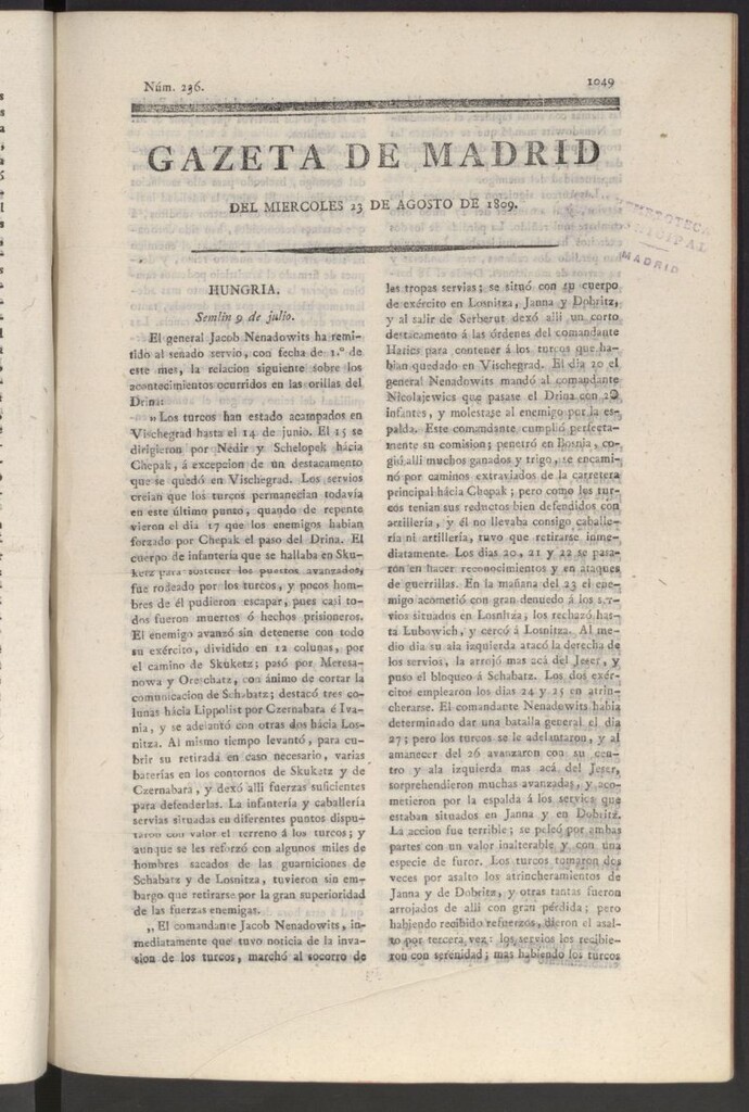 Miniatura de Gazeta de Madrid del 23 de agosto de 1809