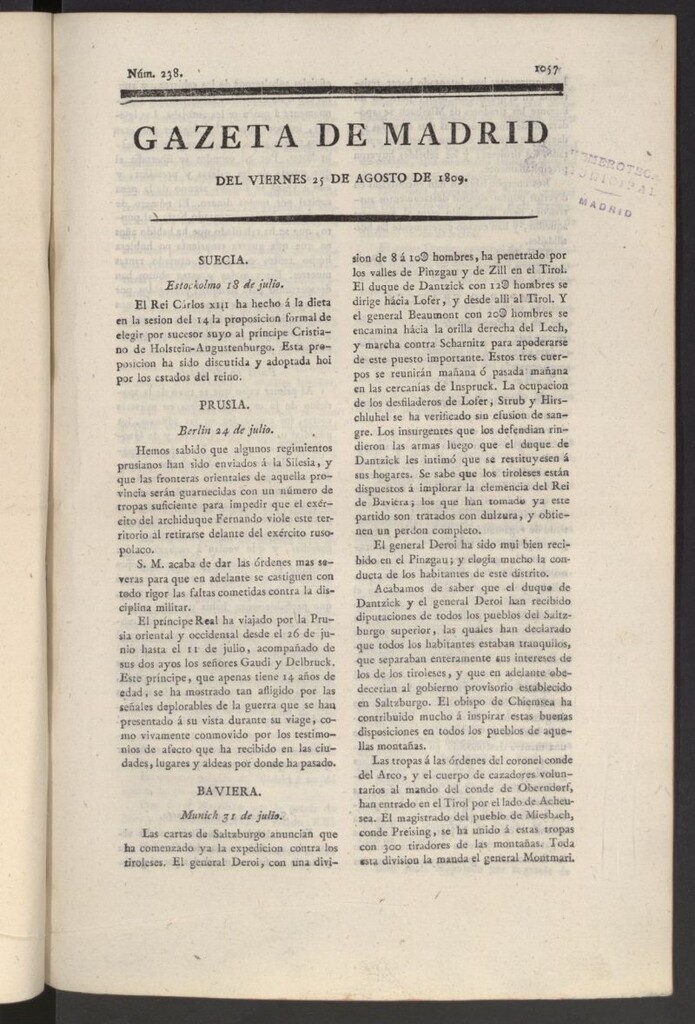 Miniatura de Gazeta de Madrid del 25 de agosto de 1809