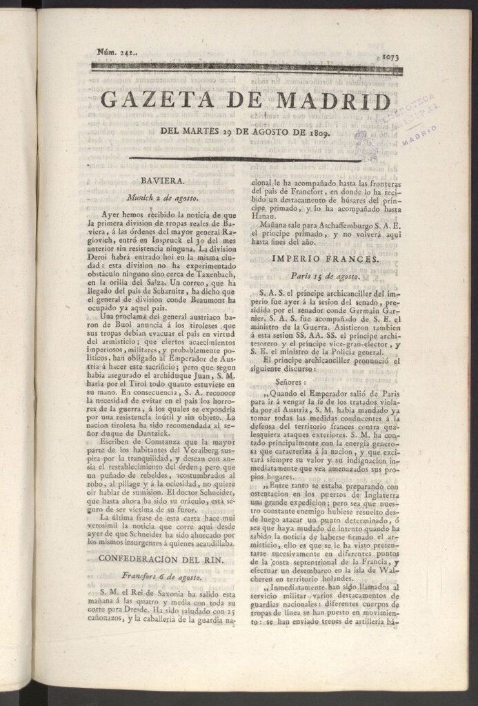 Miniatura de Gazeta de Madrid del 29 de agosto de 1809