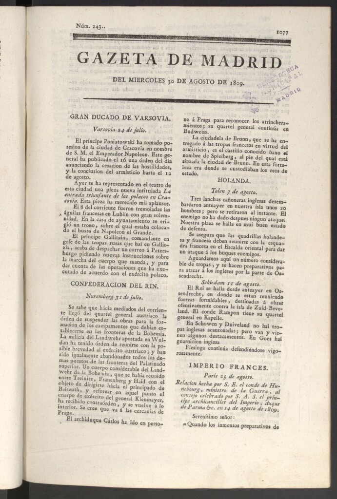 Miniatura de Gazeta de Madrid del 30 de agosto de 1809