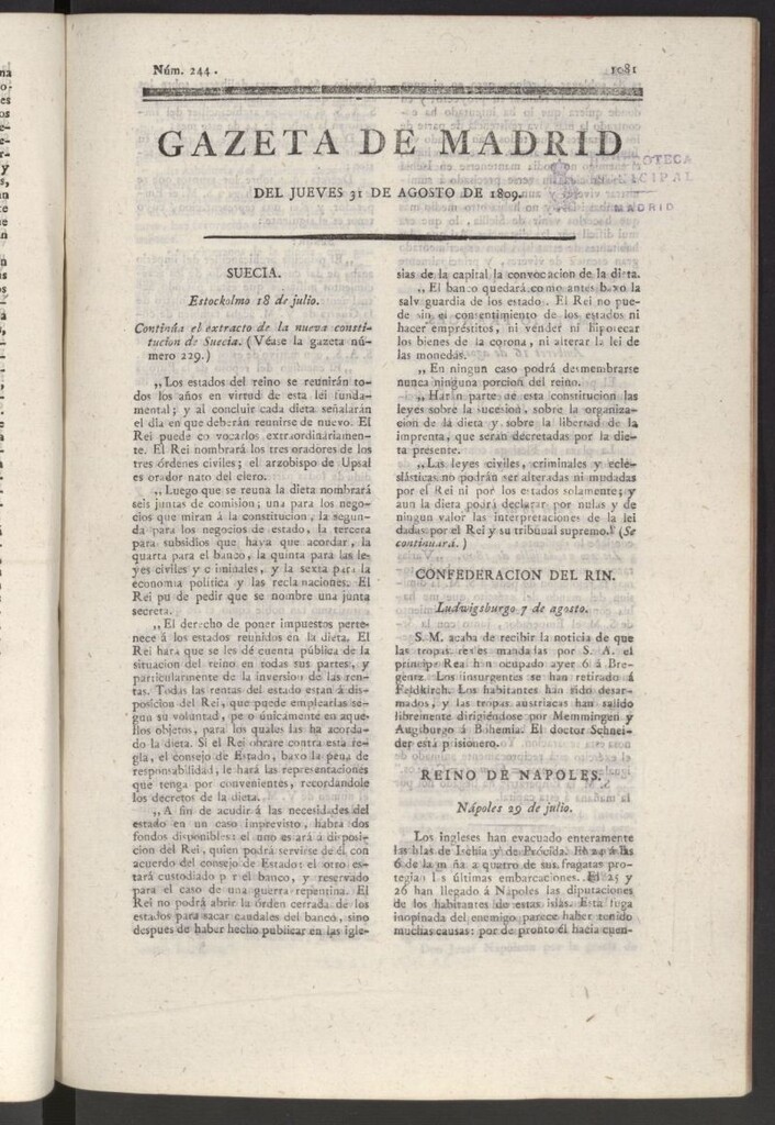 Miniatura de Gazeta de Madrid del 31 de agosto de 1809