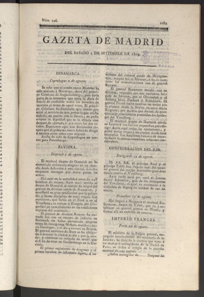 Miniatura de Gazeta de Madrid del 2 de septiembre de 1809