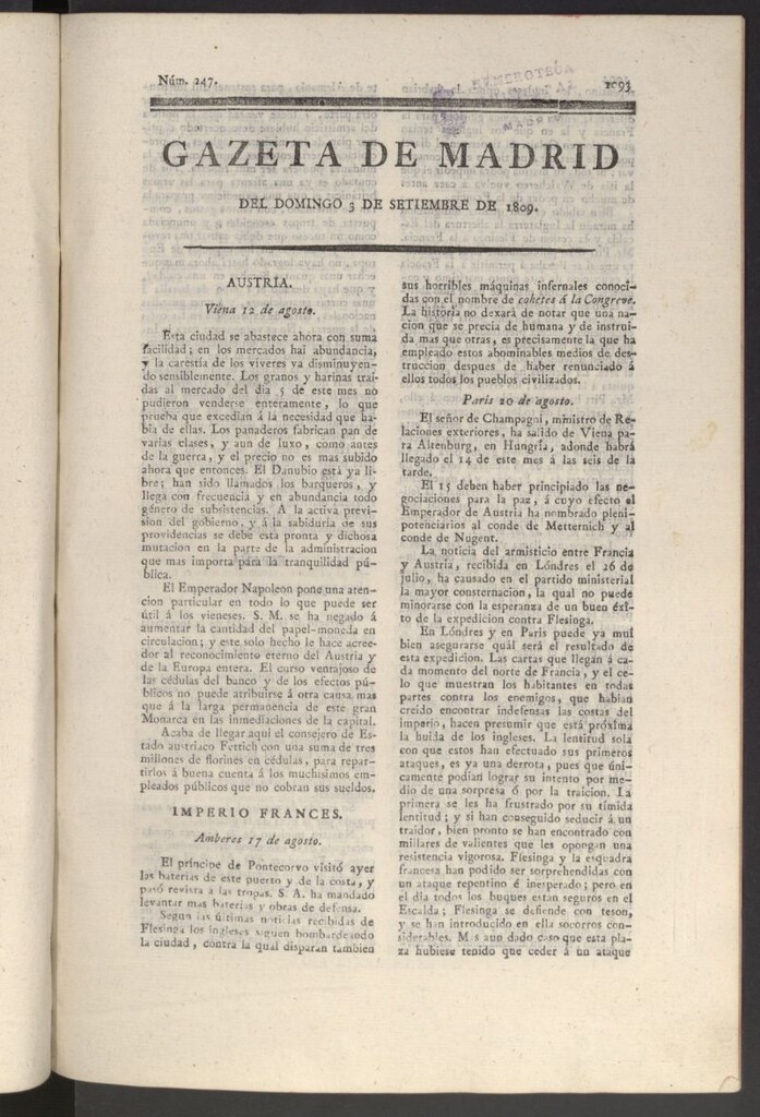 Miniatura de Gazeta de Madrid del 3 de septiembre de 1809
