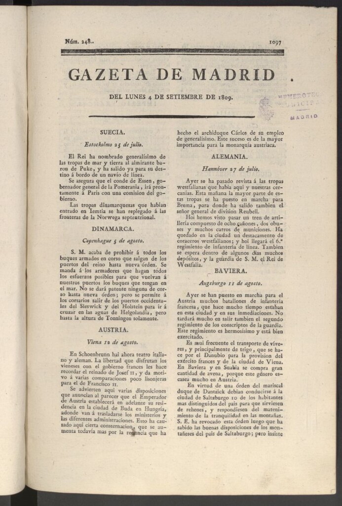 Miniatura de Gazeta de Madrid del 4 de septiembre de 1809