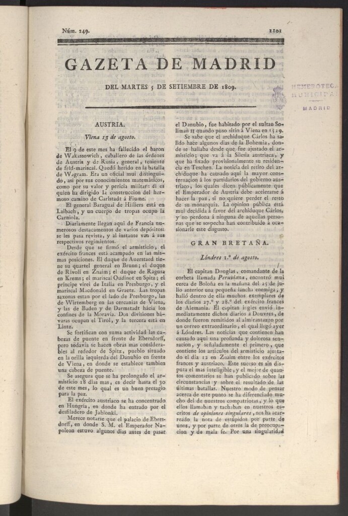 Miniatura de Gazeta de Madrid del 5 de septiembre de 1809