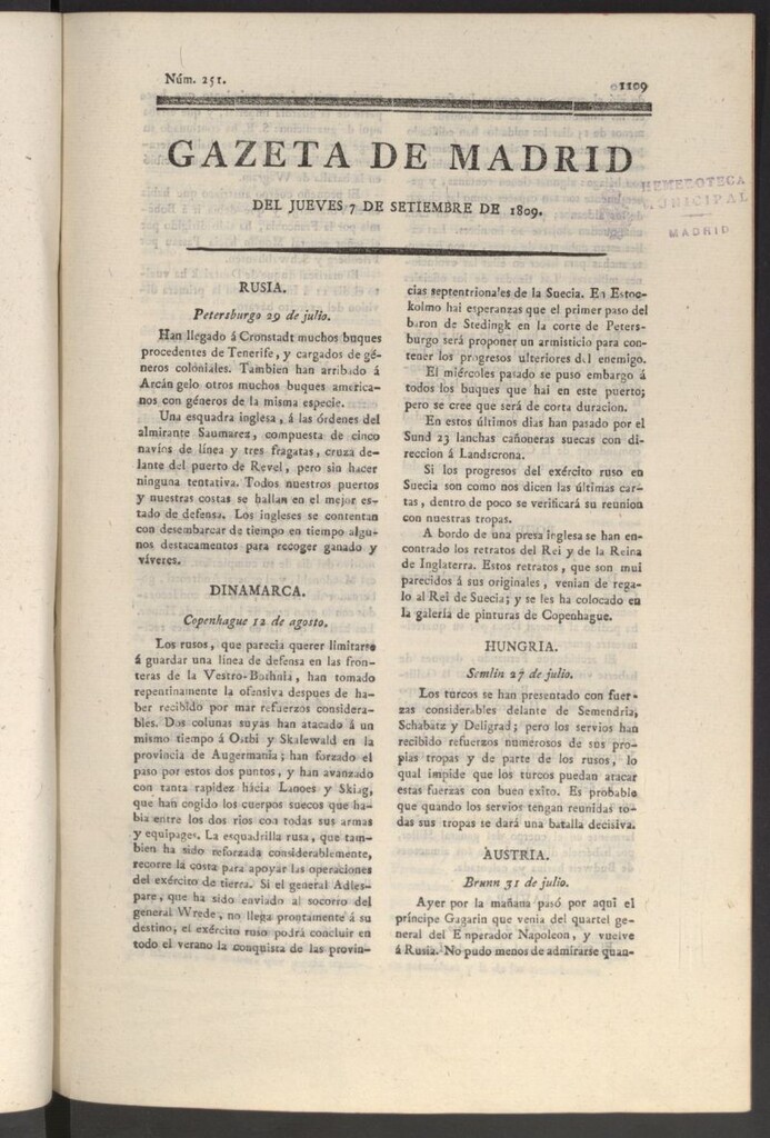 Miniatura de Gazeta de Madrid del 7 de septiembre de 1809