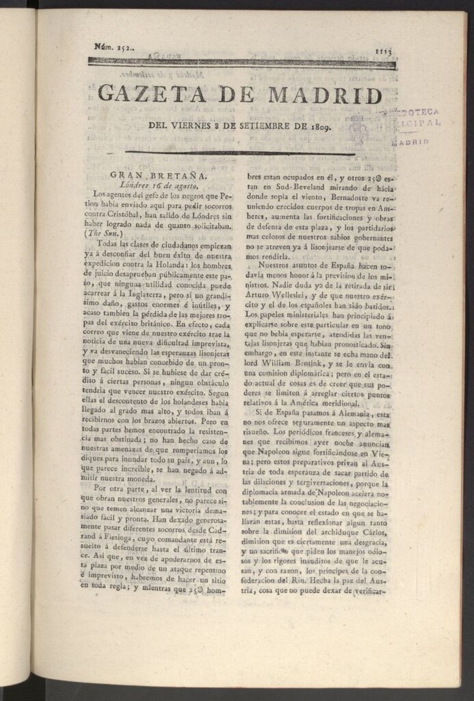 Miniatura de Gazeta de Madrid del 8 de septiembre de 1809