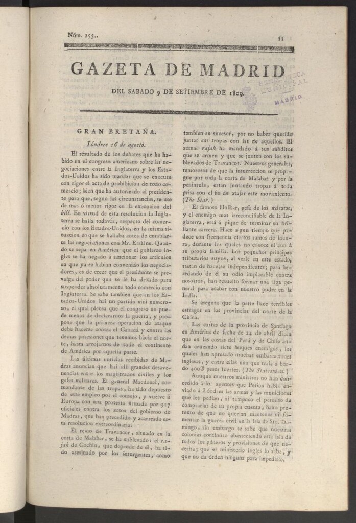 Miniatura de Gazeta de Madrid del 9 de septiembre de 1809
