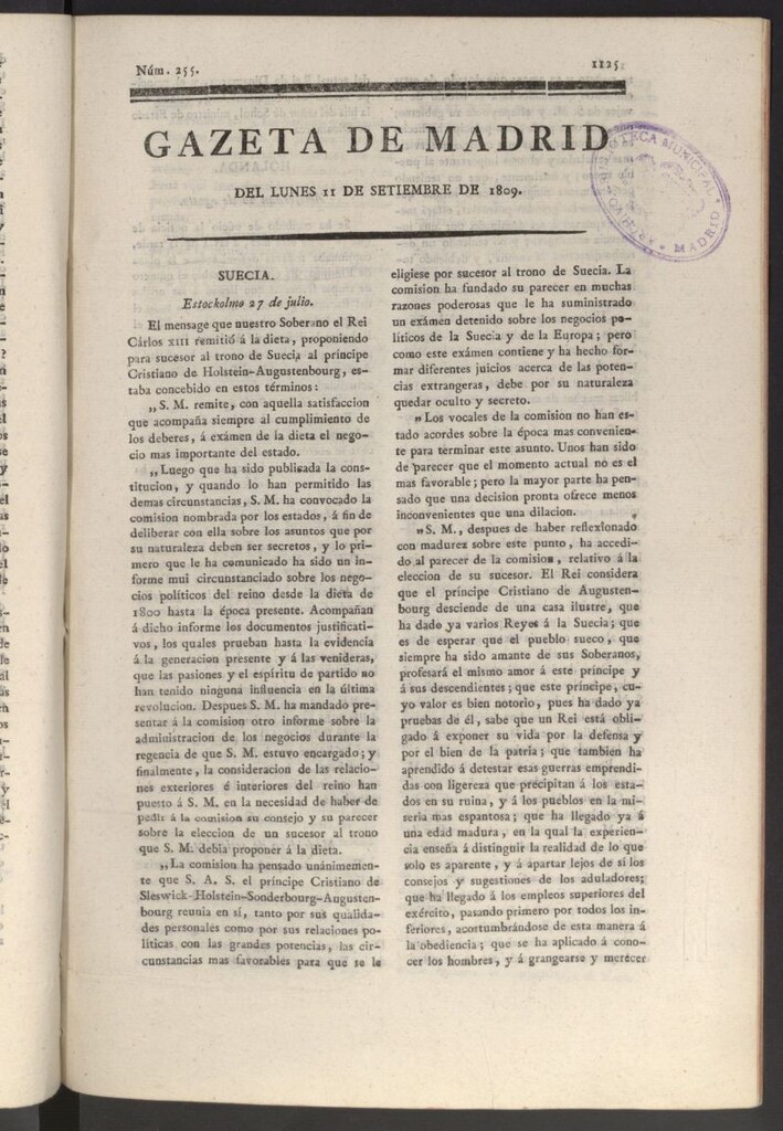 Miniatura de Gazeta de Madrid del 11 de septiembre de 1809