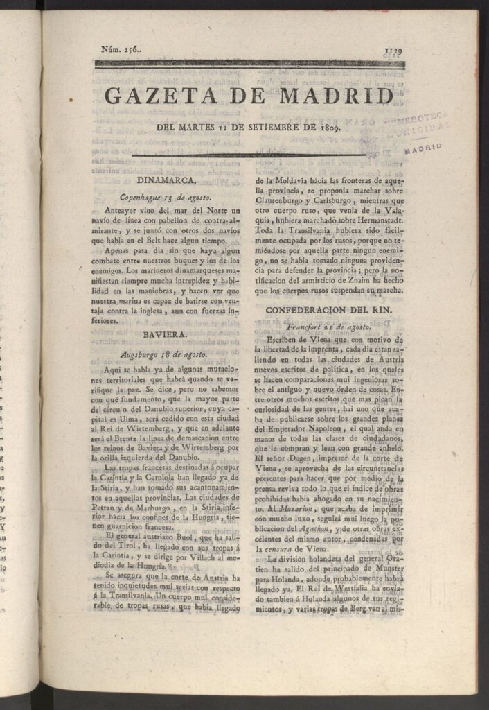 Miniatura de Gazeta de Madrid del 12 de septiembre de 1809