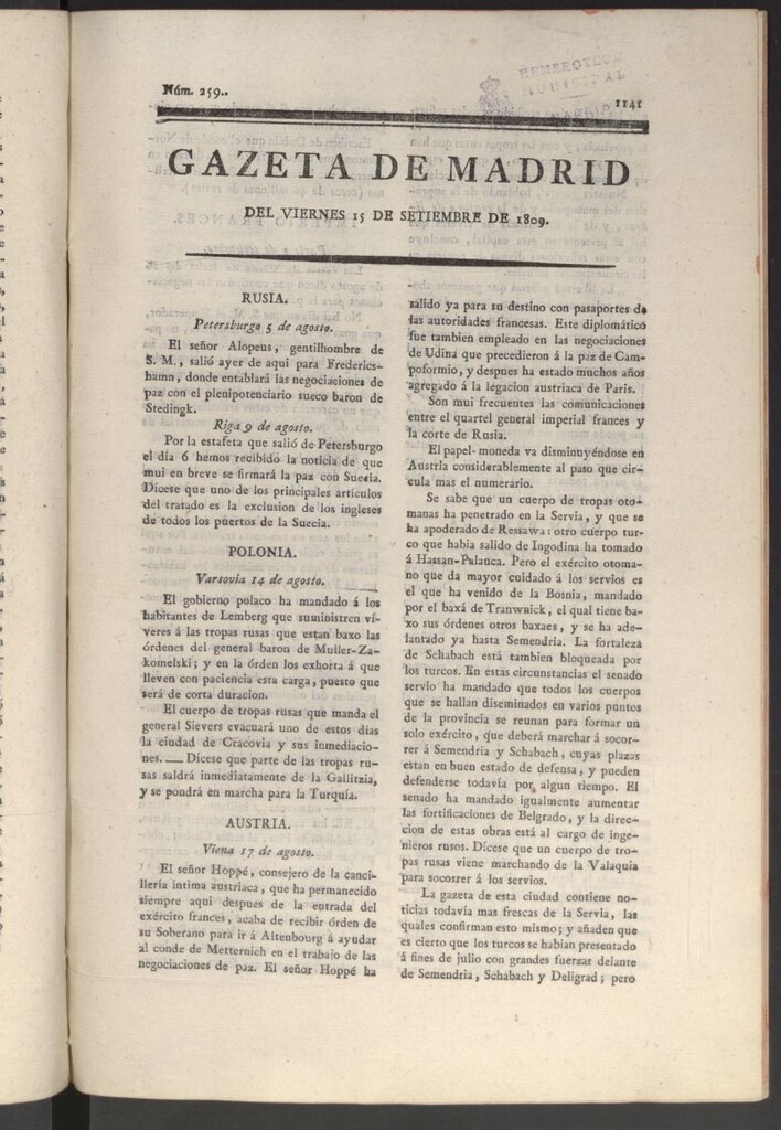 Miniatura de Gazeta de Madrid del 15 de septiembre de 1809