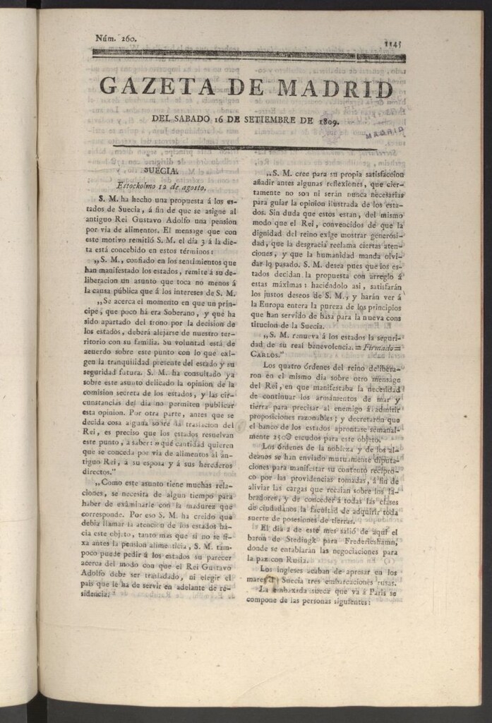 Miniatura de Gazeta de Madrid del 16 de septiembre de 1809
