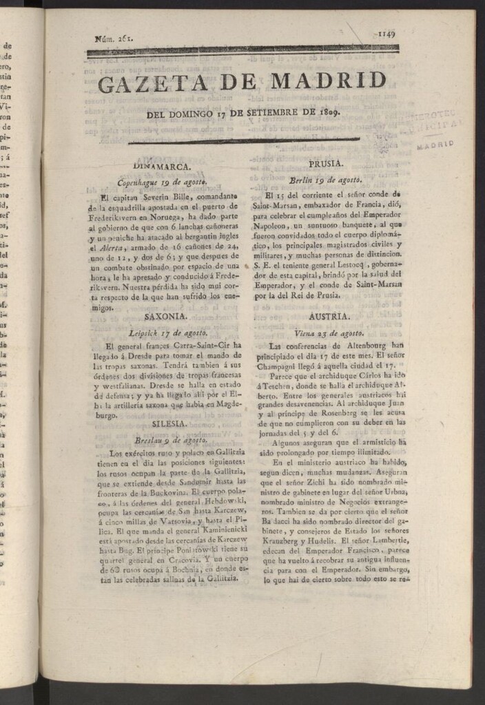 Miniatura de Gazeta de Madrid del 17 de septiembre de 1809