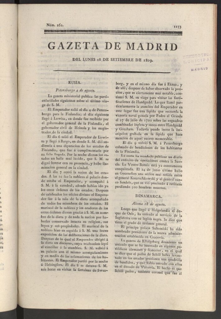 Miniatura de Gazeta de Madrid del 18 de septiembre de 1809