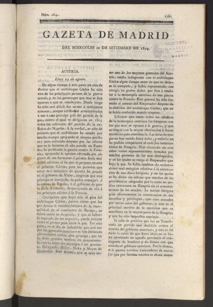 Miniatura de Gazeta de Madrid del 20 de septiembre de 1809
