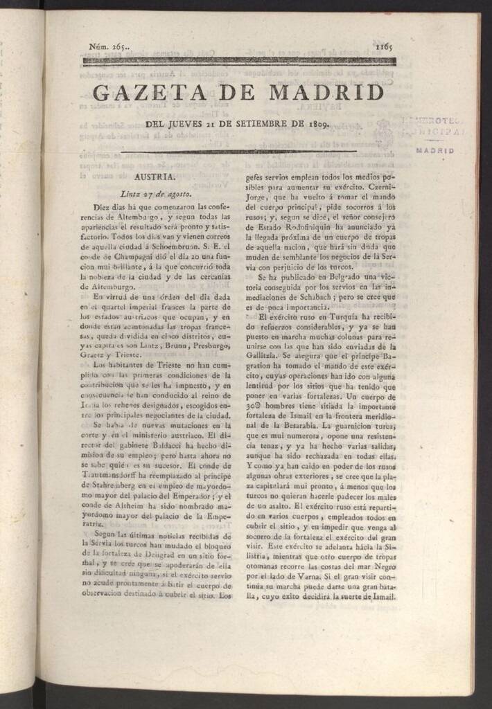 Miniatura de Gazeta de Madrid del 21 de septiembre de 1809